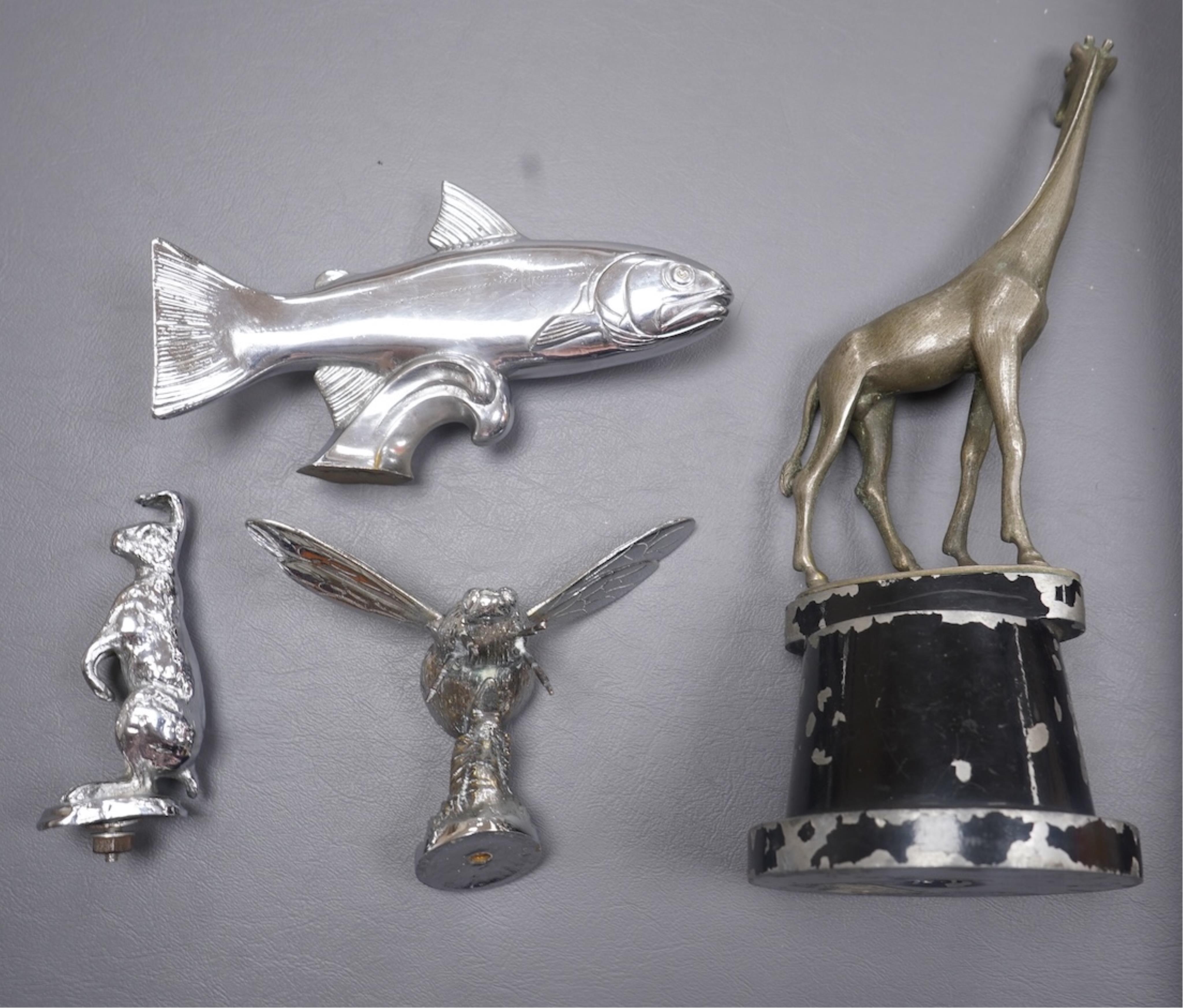 Five animal themed chrome and brass car mascots consisting of a giraffe mounted on a turned aluminium base, a hare, a bumblebee in flight, a leaping fish, and a scorpion. Condition - fair to good.